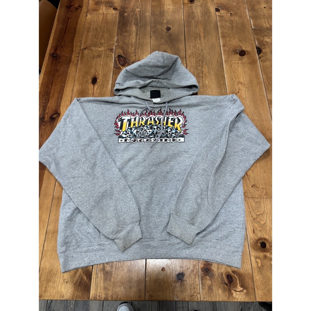 Thrasher Skulls Flame‎ Logo Pullover Hoodie Men's Gray Activewear Sweatshirt
